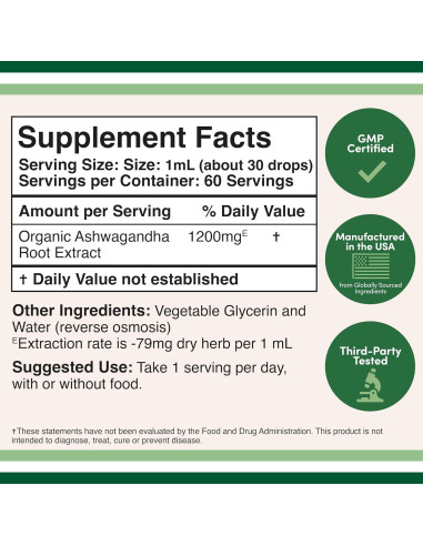 Gotas Orgánicas de Ashwagandha Double Wood 60ml 1200mg