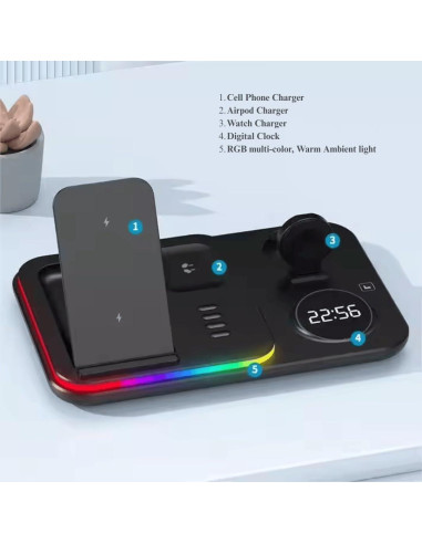 Cargador Inalámbrico Rápido 5 en 1 Galleria Fte con Reloj Digital