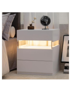 Mesita de Noche LED HXUHUWS Blanca con 3 Cajones 57 cm