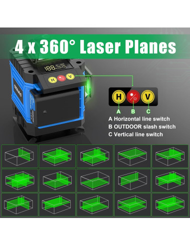 Nivel Láser Autonivelante AZZUNO 4x360 Verde con LCD