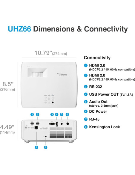 Proyector láser 4K UHD Optoma UHZ66 4000 lúmenes - Blanco Proyector láser 4K UHD Optoma UHZ66 4000 lúmenes - Blanco