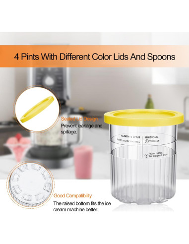 Diteje 4 Pints Recambio Helado 710ml con Tapas y Cucharas