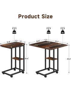 Mesa lateral en forma de C AWSL con ruedas y estante 65 cm 2