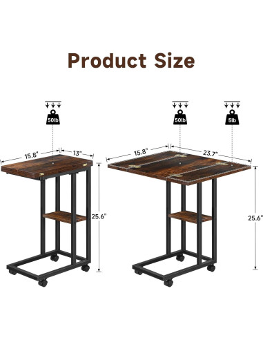 Mesa lateral en forma de C AWSL con ruedas y estante 65 cm