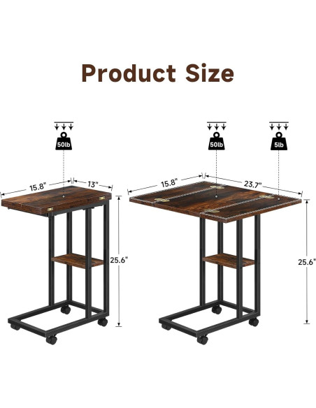 Mesa lateral en forma de C AWSL con ruedas y estante 65 cm