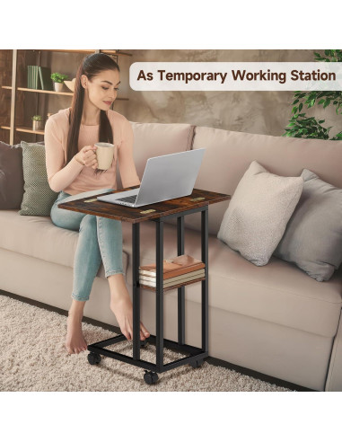 Mesa lateral en forma de C AWSL con ruedas y estante 65 cm