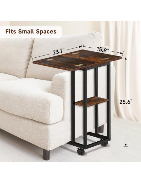 Mesa lateral en forma de C AWSL con ruedas y estante 65 cm
