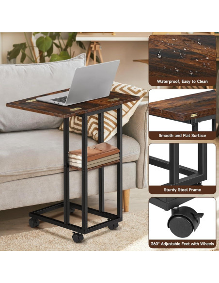 Mesa lateral en forma de C AWSL con ruedas y estante 65 cm