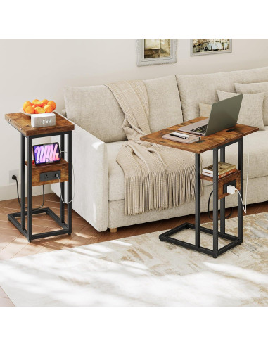 Mesa lateral plegable HOOBRO C con carga USB marrón negro