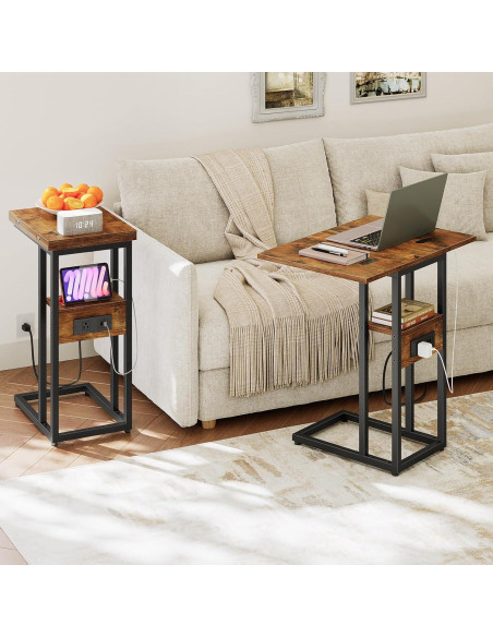 Mesa lateral plegable HOOBRO C con carga USB marrón negro