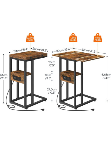 Mesa lateral plegable HOOBRO C con carga USB marrón negro