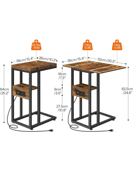 Mesa lateral plegable HOOBRO C con carga USB marrón negro