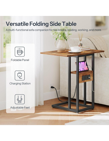 Mesa lateral plegable HOOBRO C con carga USB marrón negro