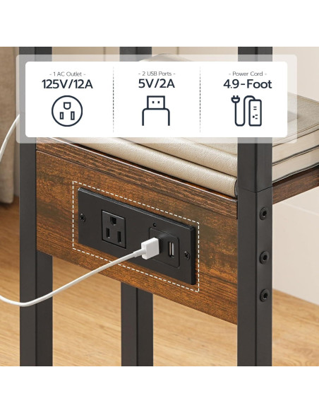 Mesa lateral plegable HOOBRO C con carga USB marrón negro