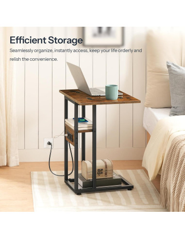 Mesa lateral plegable HOOBRO C con carga USB marrón negro