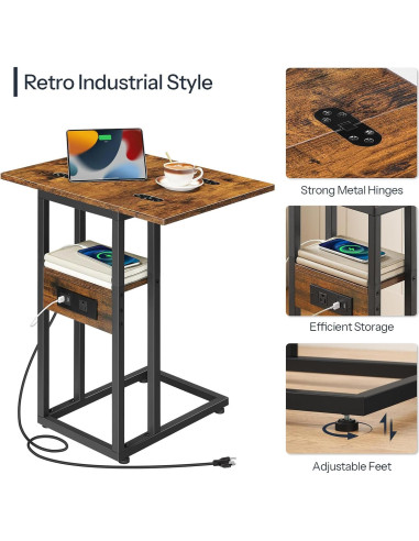 Mesa lateral plegable HOOBRO C con carga USB marrón negro