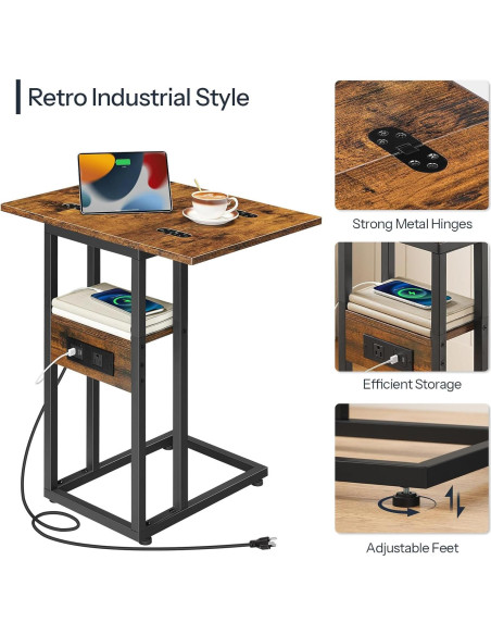 Mesa lateral plegable HOOBRO C con carga USB marrón negro