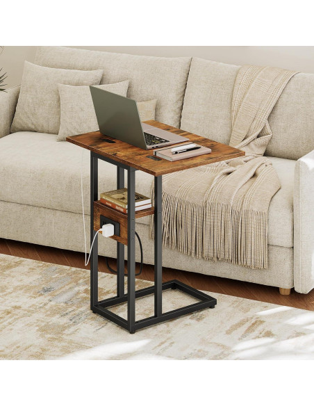 Mesa lateral plegable HOOBRO C con carga USB marrón negro