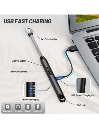 Encendedor eléctrico VEHHE recargable USB C 25.9 cm negro