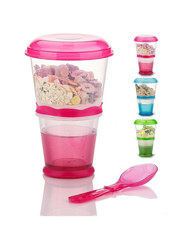 Contenedor de Cereal y Leche Pogah Rosa 355 mL Hermético