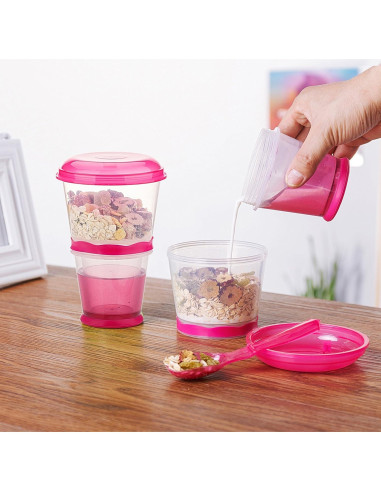 Contenedor de Cereal y Leche Pogah Rosa 355 mL Hermético