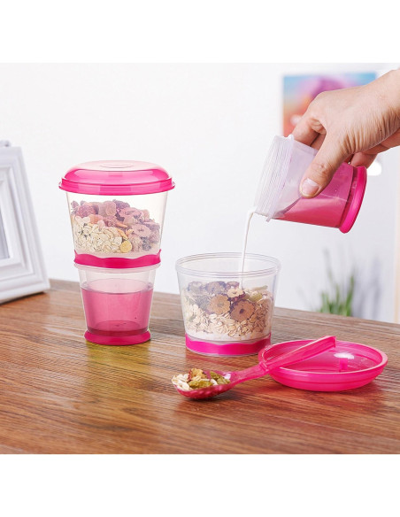 Contenedor de Cereal y Leche Pogah Rosa 355 mL Hermético