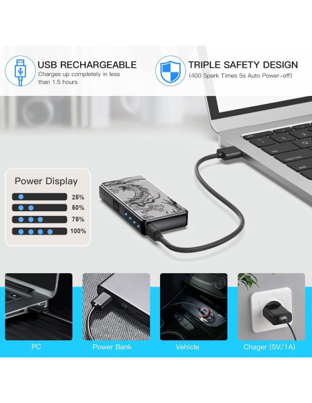 Encendedor Eléctrico Recargable USB TOPKAY Dragón Negro