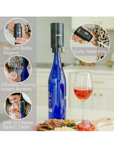 Aerador de Vino Eléctrico Shelvin Negro con Tapón al Vacío