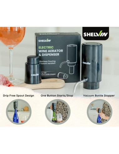 Aerador de Vino Eléctrico Shelvin Negro con Tapón al Vacío