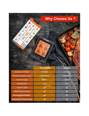 Termómetro Digital de Carne Cloud BBQ FS66N Bluetooth 152m