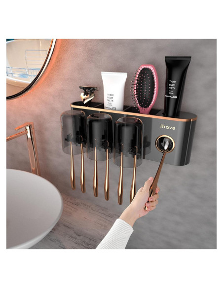 Soporte de Cepillos de Dientes iHave Negro 3 Tazas Montado Pared