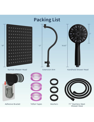 Cabezal de Ducha Hibbent 10'' Lluvia + Ducha Mano 7 Modos