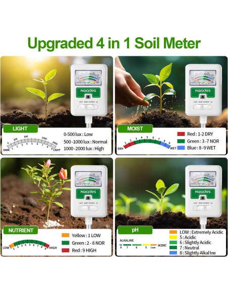 Medidor de Humedad del Suelo Naiades 4-en-1 para Plantas