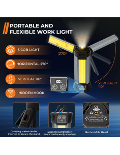 Luz de Trabajo LED Geisofu Recargable 2000 Lúmenes Soporte 2