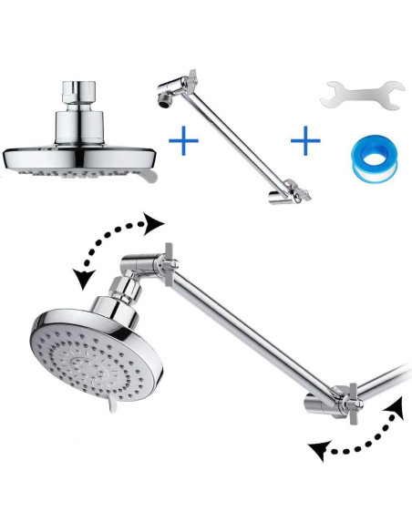 Cabezal de Ducha Alta Presión HarJue 5" Cromo con Brazo 28cm