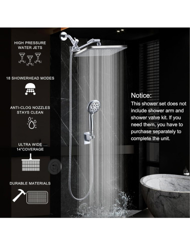 Cabezal de Ducha de Lluvia 14" BSTHAONE con Rociador de Mano 8 Modos