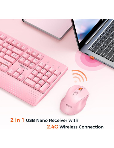 Teclado y Ratón Inalámbricos Meetion Rosa, DPI Ajustable