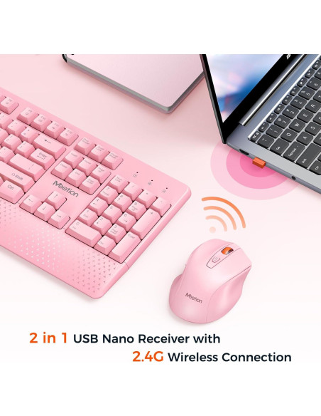 Teclado y Ratón Inalámbricos Meetion Rosa, DPI Ajustable