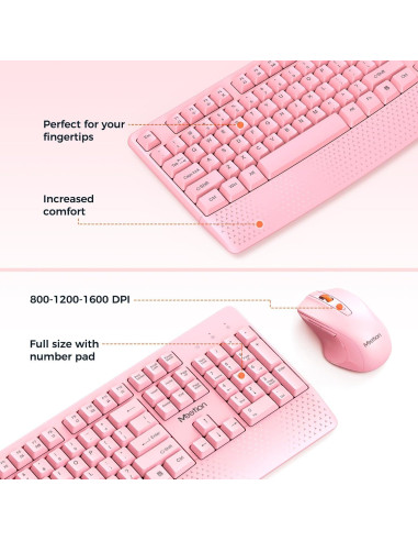 Teclado y Ratón Inalámbricos Meetion Rosa, DPI Ajustable