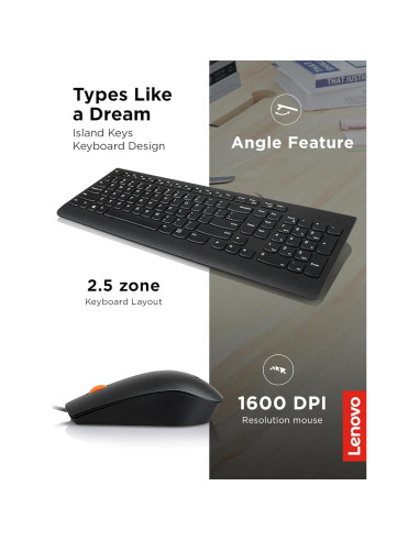 Combo Teclado y Ratón Lenovo 300 Con Cable Negro