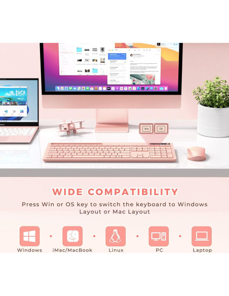 Teclado y Ratón Inalámbricos Vivefox Rosa para Mac y Windows Teclado y Ratón Inalámbricos Vivefox Rosa para Mac y Windows