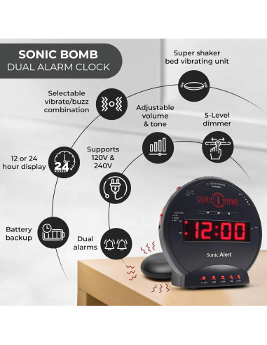 Reloj Despertador Sonic Bomb Doble Alarma 113dB Negro