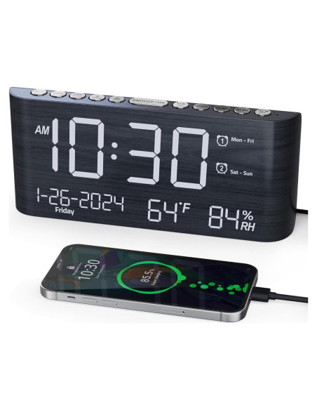Reloj Despertador Digital de Madera PPLEE con Cargador USB
