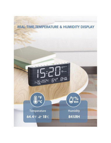 Reloj Despertador Digital de Madera PPLEE con Cargador USB