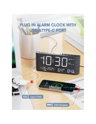 Reloj Despertador Digital de Madera PPLEE con Cargador USB