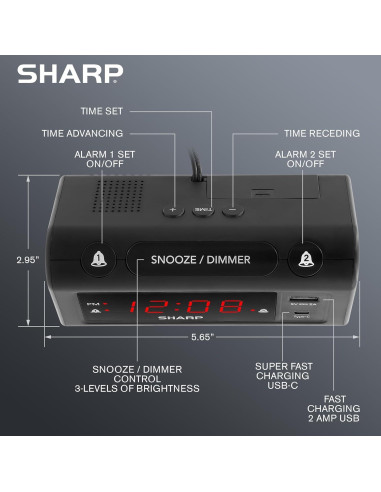 Reloj Despertador Digital SHARP con Carga USB-C y Doble Alarma