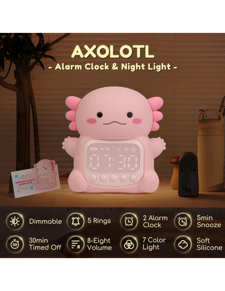 Reloj Despertador Yiliaw Axolote Rosa con Luz Nocturna