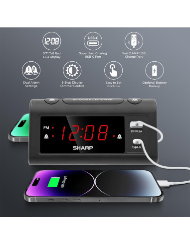 Reloj Despertador Digital SHARP con Carga USB-C y Doble Alarma