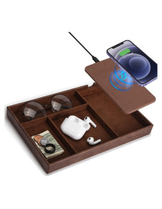 Bandeja de Valet Cargador Inalámbrico Cuero Sintético Marrón