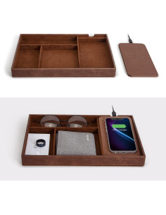 Bandeja de Valet Cargador Inalámbrico Cuero Sintético Marrón 2